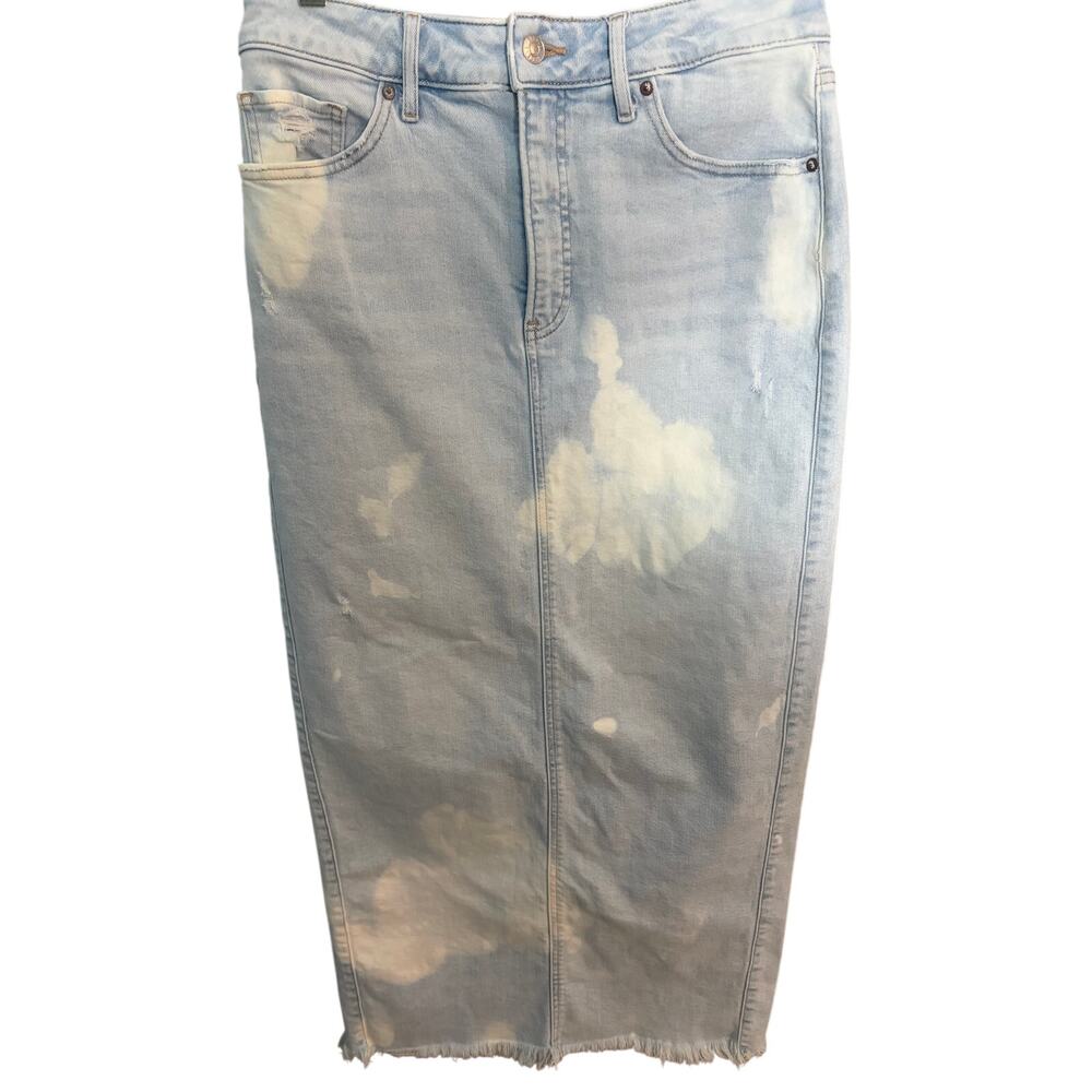 Express Size 6 Bleach Wash Denim Midi Skirt Distressed Raw Hem Back Slit Y2K